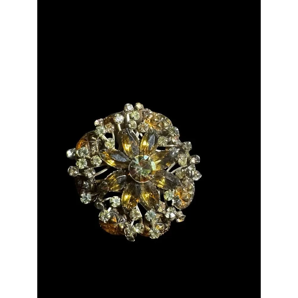 Vintage Large Domed Amber/Cola Rhinestone Floral Brooch Pin Statement Piece